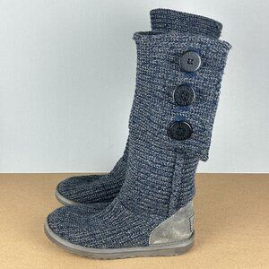 UGG Classic Cardy Tall Knit Boots Womens 6 Blue Gray Pull On Sheepskin Footbed